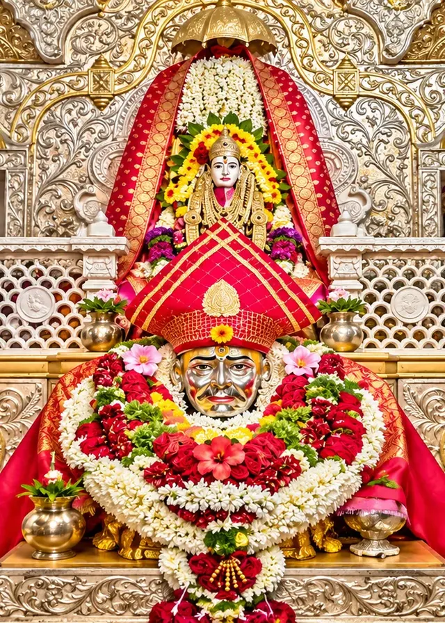 Swami Samarth murti with a red turban at Akkalkot