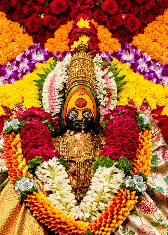Tulja Bhavani murti decorated with flowers at Tuljapur